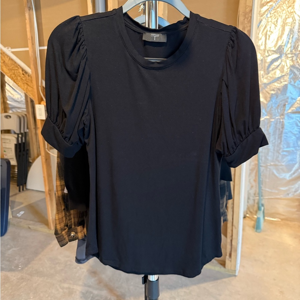 Tahari Black Puff Sleeve Blouse